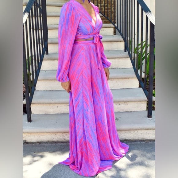 Matching Set! Cotton Candy Hot Pink Purple Long Sleeve Wrap Top Maxi Skirt Vacay - Picture 4 of 14